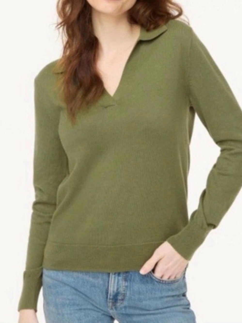 JCrew Olive Green Collared V-Neck Women's Lightweight Sweater
